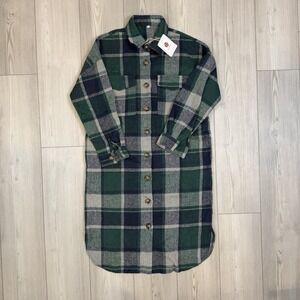 NWT Puwei Long Soft Plaid Flannel Shacket Shirt Duster Jacket Coat Size Small